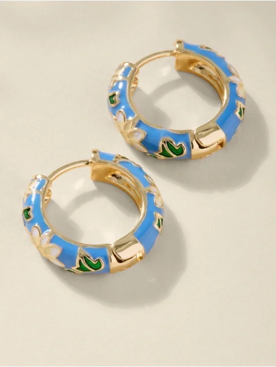 Francesca Vanessa Vintage Inspired Enamel Floral Hinged Hoops Earrings