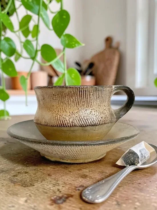 Handmade Ceramic Coffee Cup and Saucer Set, Wabi Sabi Studio Pottery Mug, Earthy