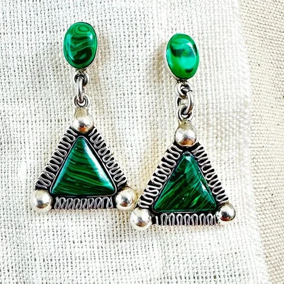 NEW‎ Sterling Silver Malachite Earrings Southwestern Pierced  925 Mexico