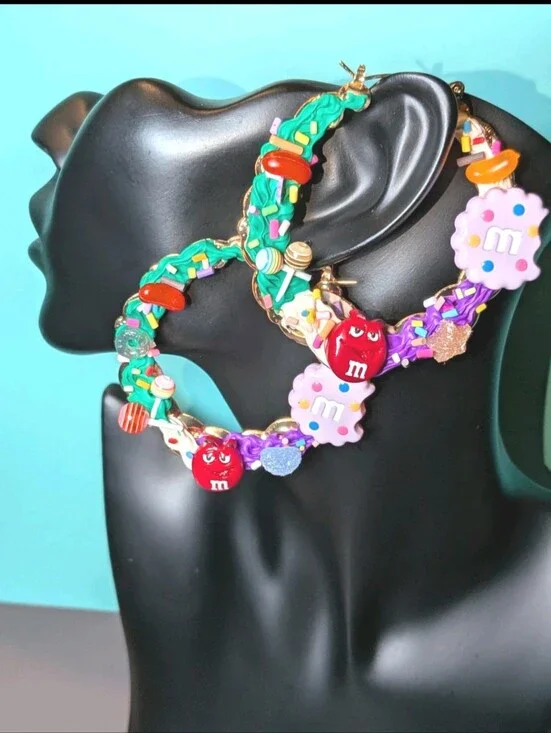 Hand Crafted Decoden Multicolor Candy Hoop Earrings -Green & Purple & Red & Pink