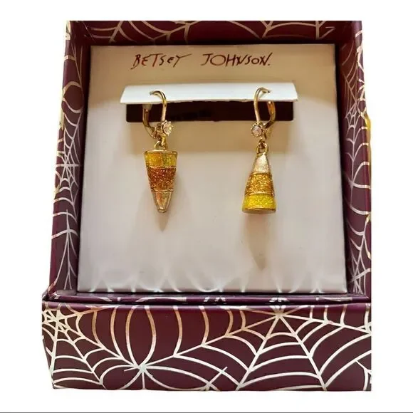 Betsey Johnson Sparkly Candy Corn Dangle Drop Earrings.