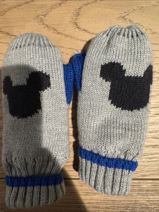 Kids Gray Mittens with Black Mickey Silhouette and Blue Trim