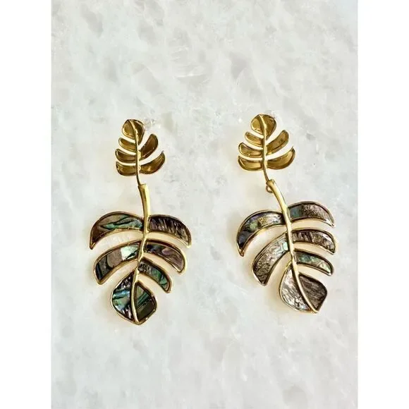 Tropical leaf dangle earrings with abalone seashell detail