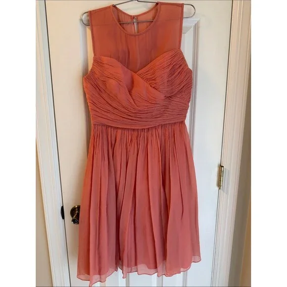 J. Crew Coral Pumpkin Silk Chiffon Dress with Ruched Bodice Size 4 Party Wedding