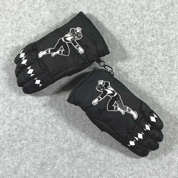 Vintage Power Rangers Black Ranger Winter Gloves Boys Size 4-7X Black Nylon Snow