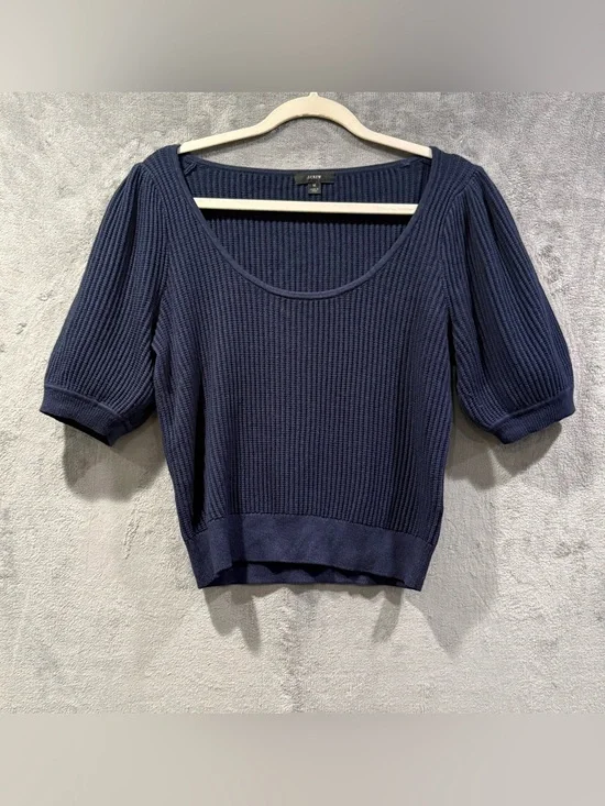 J. Crew Cashmere Blend Ribbed Scoop Neck Puff Sleeve Navy Sweater Top‎ Size M