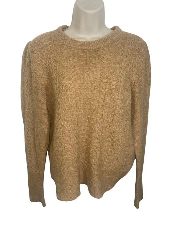 J CREW Women's Size Medium Stretch Wool-blend Cable-knit Crewneck Beige Sweater