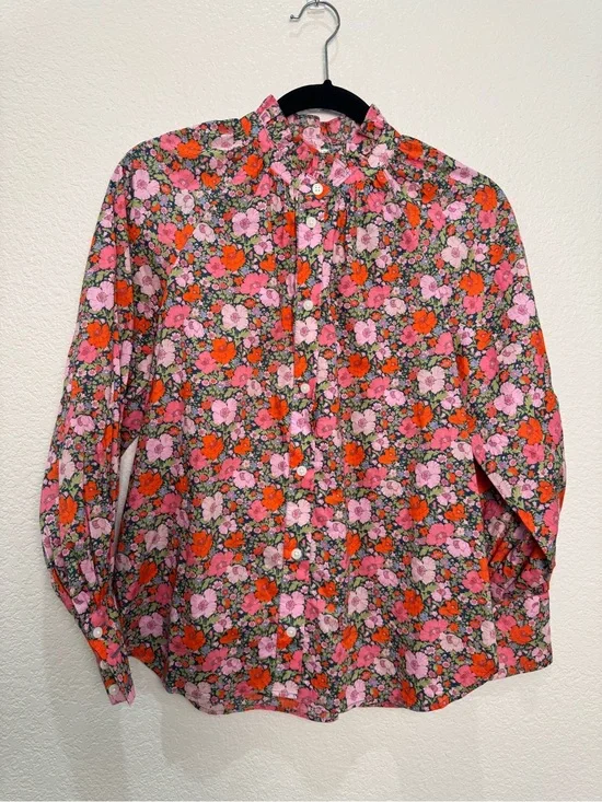 J.Crew Liberty London Floral Shirt Womens 4 Pink Orange Button Up Ruffle Neck