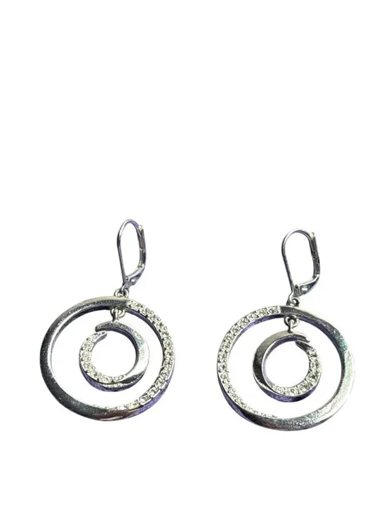 Silvertone Double Circle Dangle Earrings Clear Rhinestones Some Metal Wear