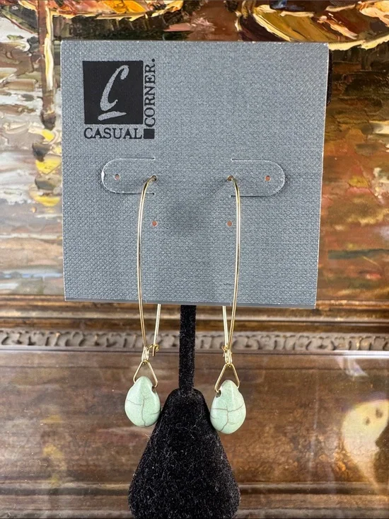 0517-Casual‎ Corner Gold Hoop Earrings with Mint Green Teardrops