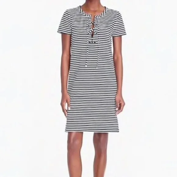 J. Crew Striped Nautical Mini Dress Medium Short Sleeves Lace Up Coastal H9354
