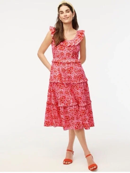 J. Crew Pink and Red Floral Tiered Midi Dress 100 % cotton