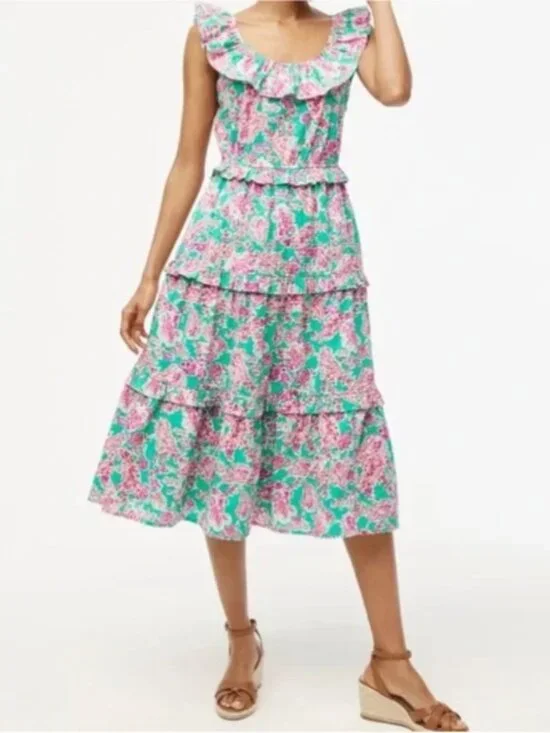 J. Crew	Floral Ruffle Tiered Pink and Green Midi Dress - Size 20