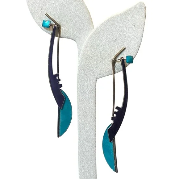 Vtg Enamel MCM Modernist Abstract Artisan Sterling Silver Long‎ Dangle Earring
