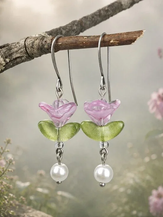 Pink Glass Flower Earrings Cottage Garden Bloom Artisan Hand Crafted