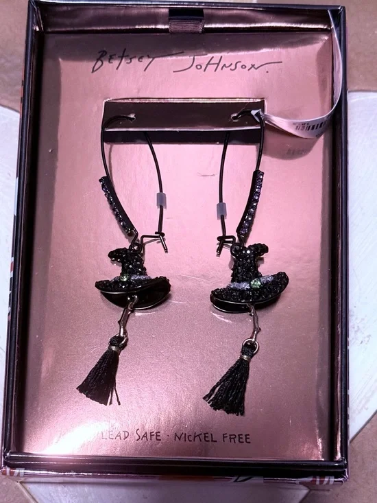 Betsey Johnson Black Crystal Witch Hat Tassel Earrings