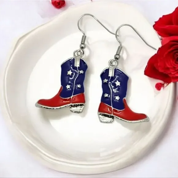 Cowboy Boot Earrings Red Blue Patriotic Cowgirl Americana Jewelry Western Dangle