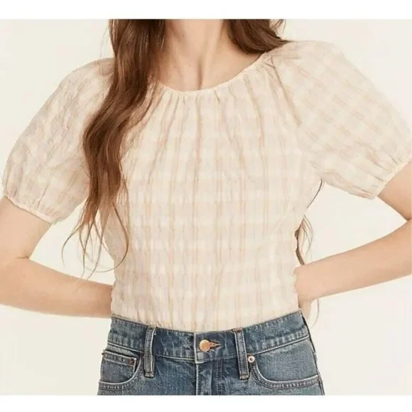 J.Crew V-Back Puff-Sleeve Top in Textured Plaid Neutral Cream Size 2 NWOT