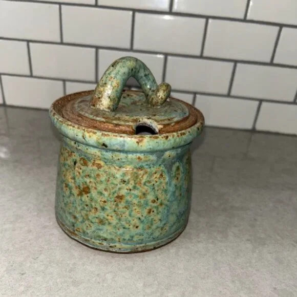 Stoneware Art Honey Pot Jar w/ Lid Greenish/Blue w/ Brown Speckles