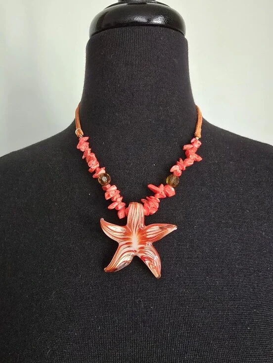 Orange Glass Starfish Pendant Beaded Necklace
