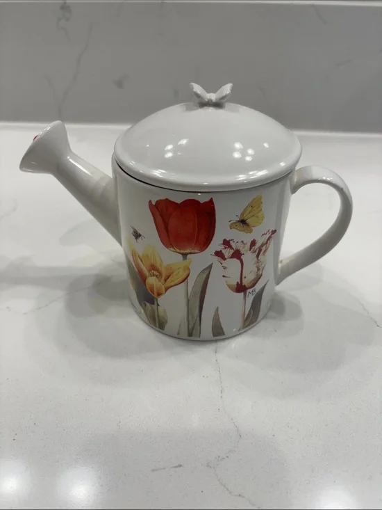 White Porcelain Floral Teapot with Tulip & Butterfly Accents