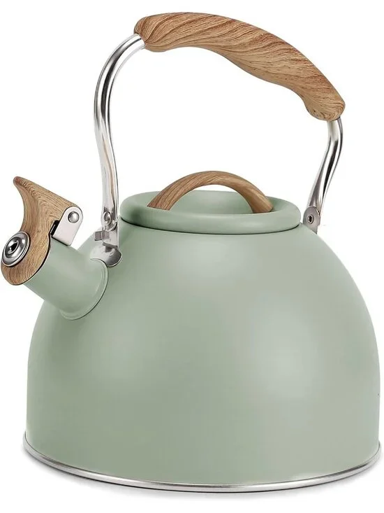 Kitchen Green 100 OZ / 3 Liter Wood Pattern Folding Handle Whistling Tea Kettle