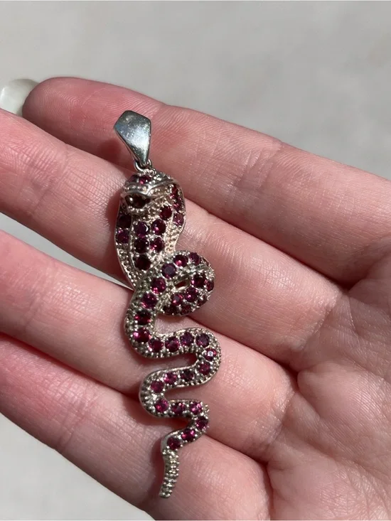 925 Sterling Silver Pave Gemstone Snake Pendant 2.5” Pink Stones
