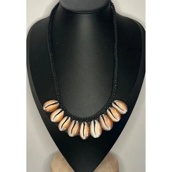 Vintage Cowrie Shell Braided Cord Necklace 20 Inch Boho Coastal Beach Jewelry