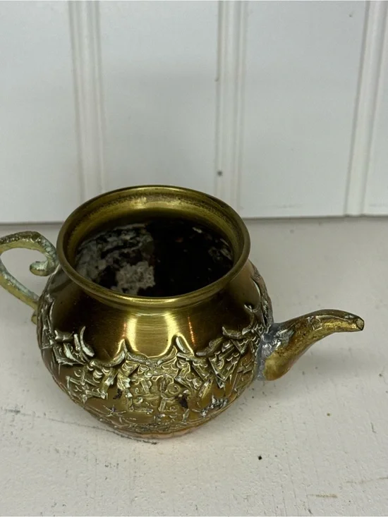 Vintage Mini Brass Metal Tea Pot Kettle w/ D Handle | MCM | Engraved