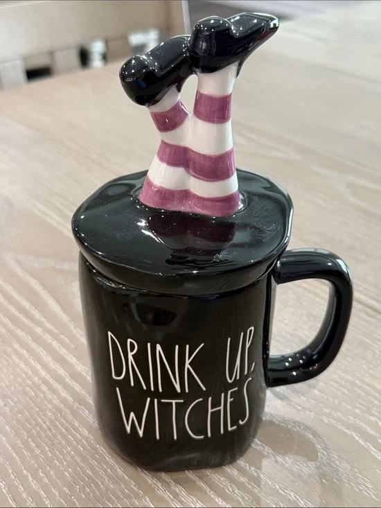 Rae Dunn Black 'Drink Up Witches' Mug with Purple-Striped Witch Leg Lid