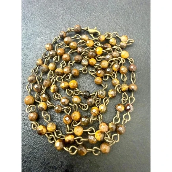 Tiger Eye Faceted Bead Necklace Brown Stone Linked Chain Boho Strand