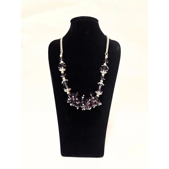 Purple Faceted Beaded Statement Necklace Silver Tone Chain Adjustable Length