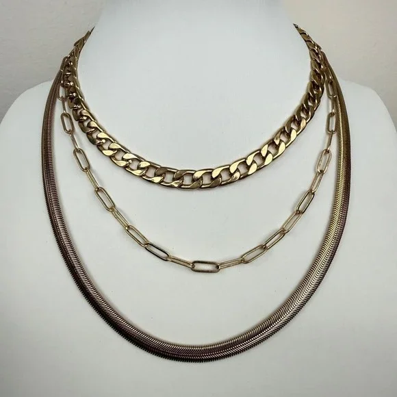 Gold Tone Necklace Triple Layered Curb Paperclip Herringbone Chain Stacked
