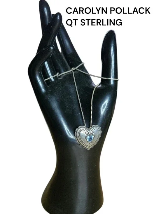 Vintage Carolyn Pollack QT Sterling Silver Blue Topaz Heart Pendant Necklace 16