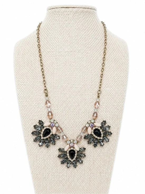 Vintage Style Blue Crystal Statement Bib Necklace Pink Beaded Floral Rhinestone