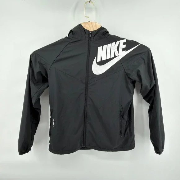 Nike Windbreaker Jacket Boys XL Black Packable Full Zip Hooded Futura Logo