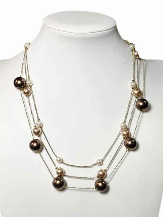 Brown, Gold & Cream Beaded Triple-Strand Gold-Tone Necklace
