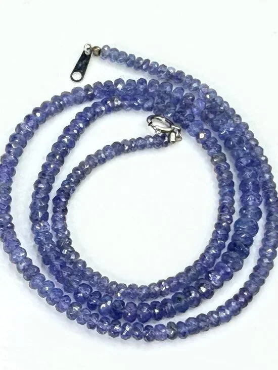 Natural Tanzanite Faceted Bead Necklace 18K White Gold 16.5