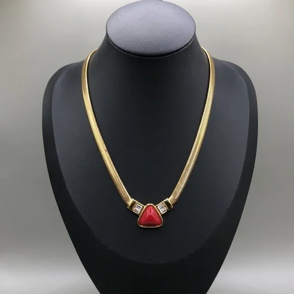 Vintage Givenchy gold snake chain necklace red faux stone costume dressy glam.
