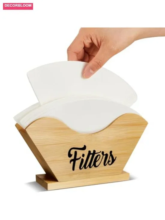 Solid Wood Farmhouse Coffee Filter Holder Storage Bamboo Color