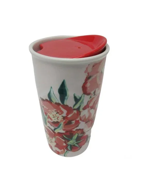 Starbucks Red & Pink Poppy Flowers Ceramic Travel Tumbler 10 Oz Coffee Mug 2015
