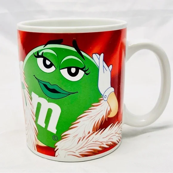 Coffee Mug - Green M&M, White Feather Boa and Pink Rose, EUC