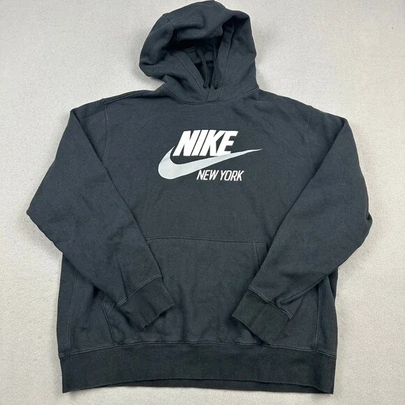 Nike Hoodie Men Large Black New York Pullover Fleece Sweatshirt Swoosh L