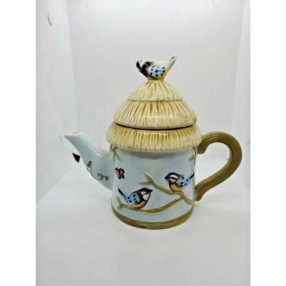 Vintage Bird Teapot Cottagecore Thatched Roof Hand Painted Cottage Tea Pot 6.5