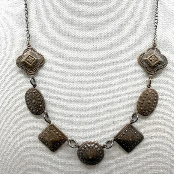 Bronze Tone Filigree Geometric Statement Necklace Boho Cottagecore Festival Gift