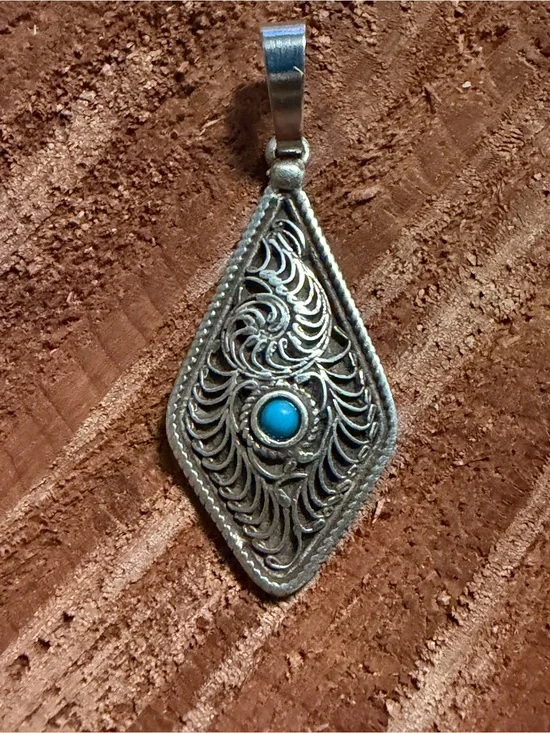 Intricate Filigree Teardrop Pendant with Turquoise Accent 925 Sterling silver