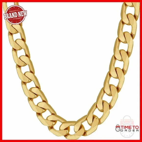 24k Gold Plated Cuban Link Chain Necklace Solid Diamond Cut
