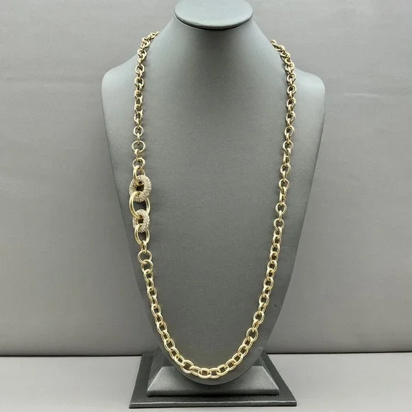 Ann Taylor Necklace Women Gold Tone Rhinestone Pave Link Chain Long Toggle 26