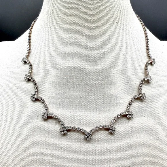 Clear Rhinestone Scalloped Choker Necklace Silver Tone Bridal Wedding Statement