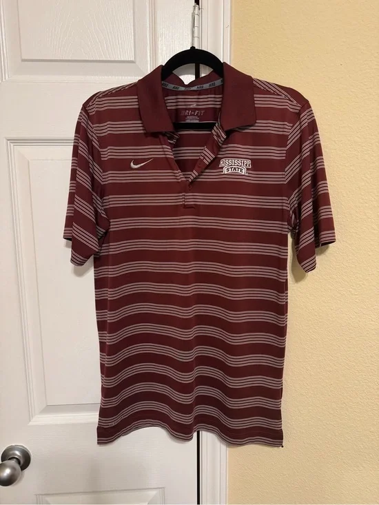 Nike Men's Maroon and White Striped Dri-FIT Polo